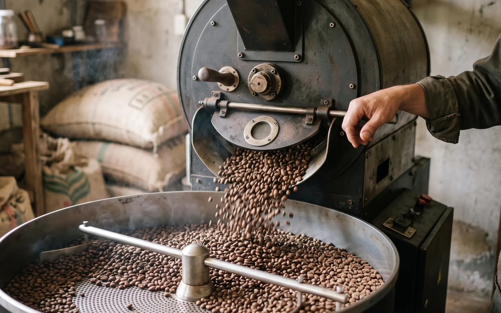 Freshly roasted coffee beans pouring from a drum roaster into its cooling tray