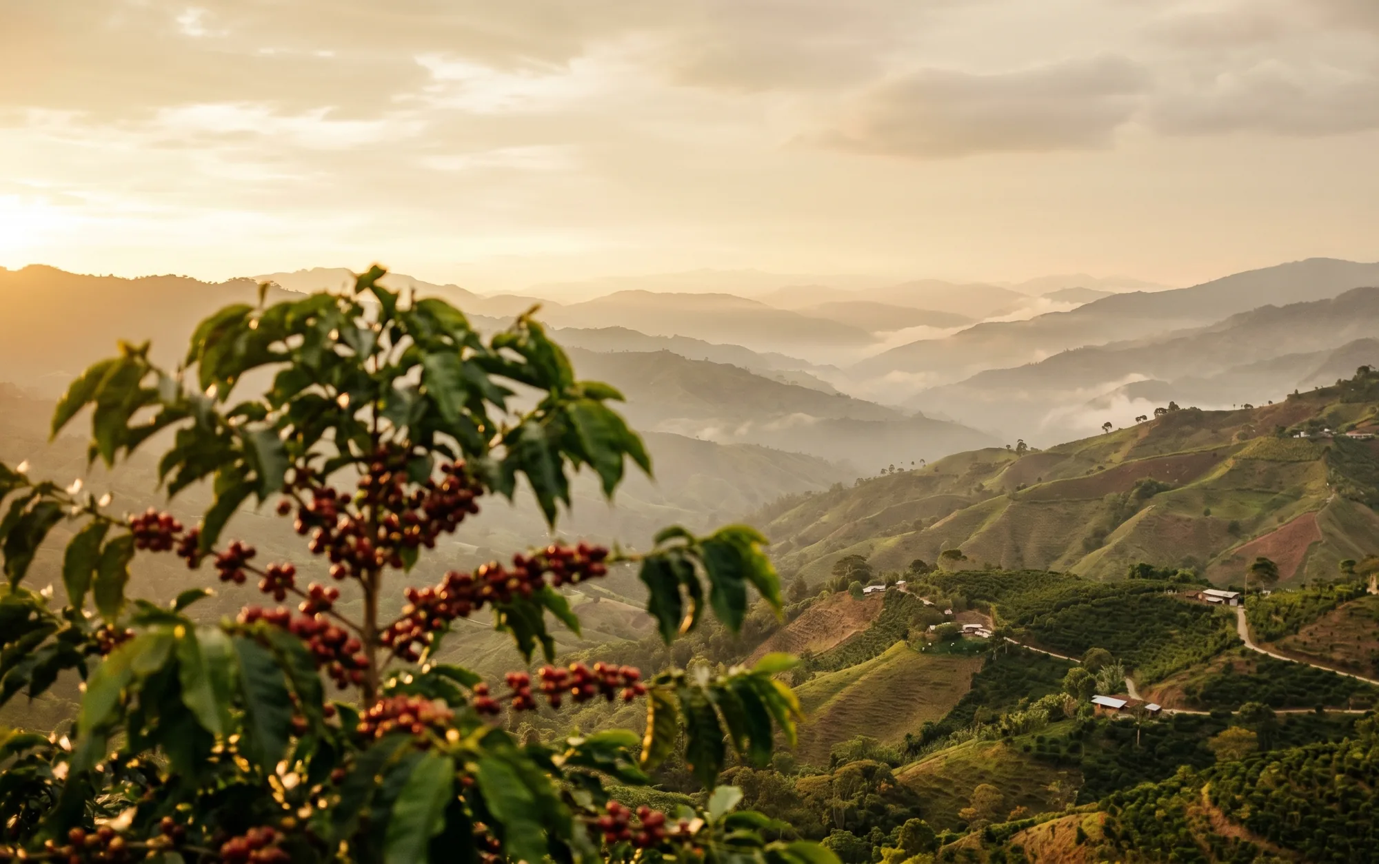 Ripe red coffee cherries on an Andean hillside at golden hour