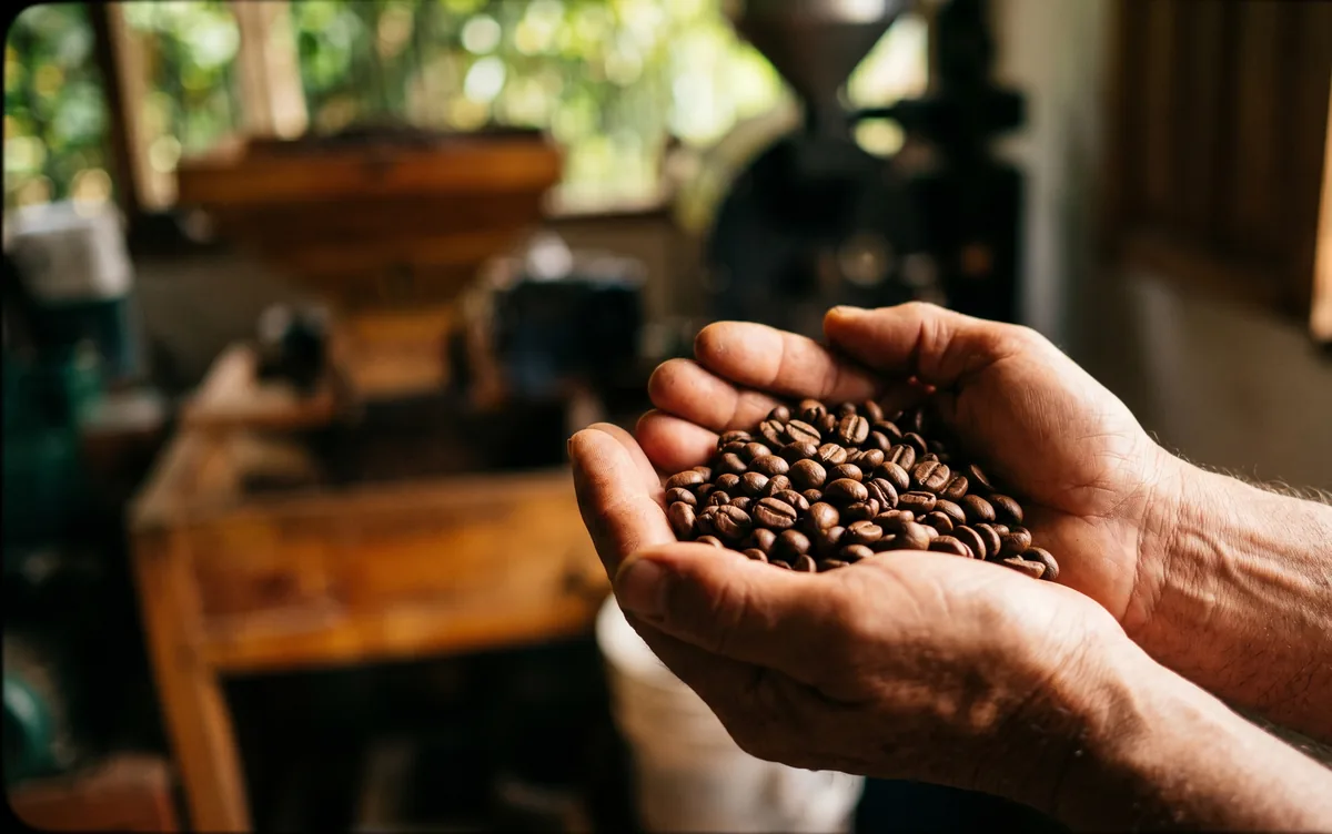 Hands holding freshly roasted Colombian coffee beans