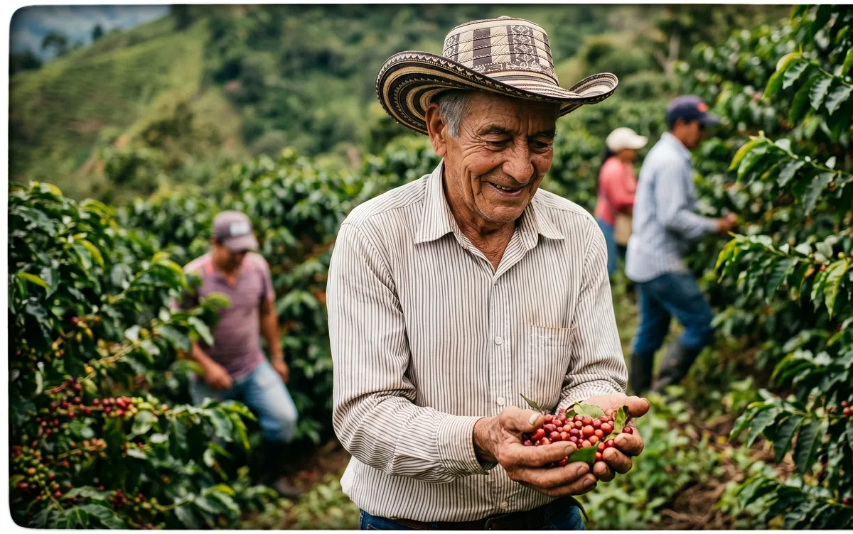 A farmer holding ripe red coffee cherries