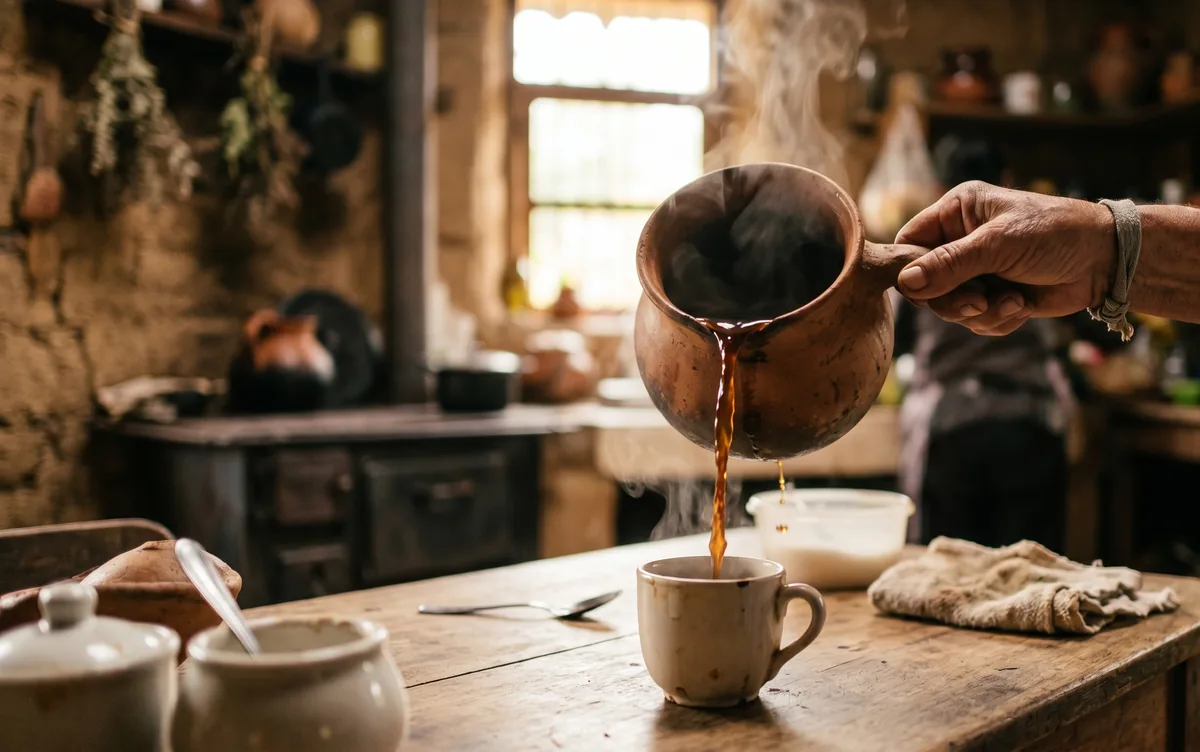 Pouring traditional Colombian tinto from a clay pot
