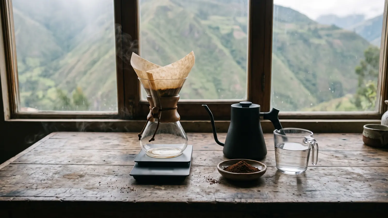 A glass pour-over brewer with a paper filter on a kitchen scale, a gooseneck kettle, a dish of ground coffee and a measuring cup of water on a wooden counter by a window onto green mountains