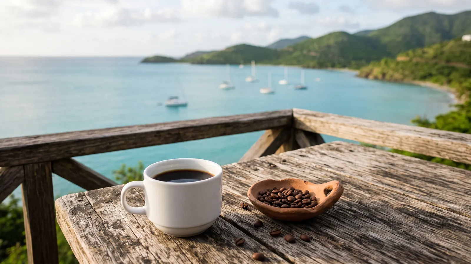 A white cup of black coffee and a clay dish of roasted beans on a weathered wooden terrace above a turquoise bay with sailboats at anchor