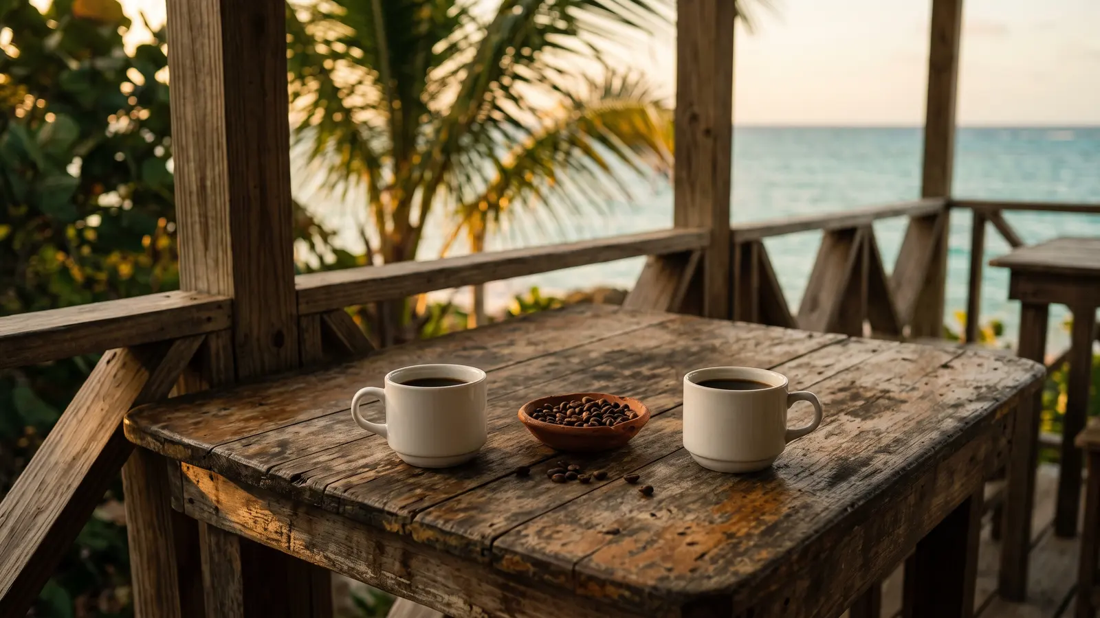 Two white cups of black coffee and a clay dish of roasted beans on a weathered wooden table on a veranda, with palm fronds and a turquoise sea behind