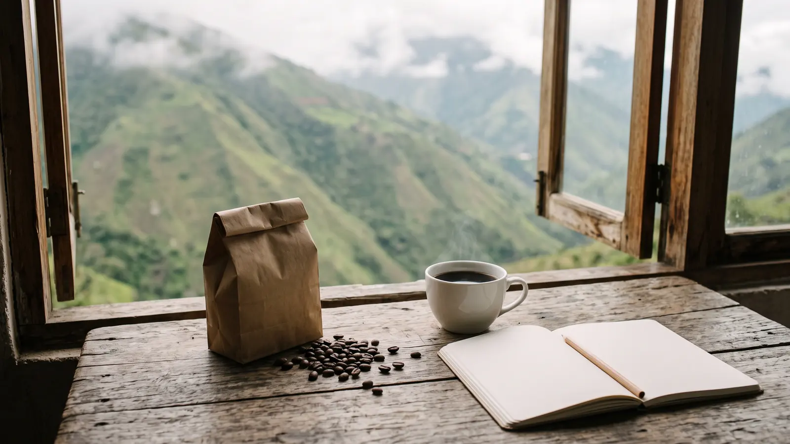 A paper bag of roasted coffee beans with a few beans spilled beside it, a cup of black coffee and an open notebook with a pencil on a wooden table by a window onto misty green mountains