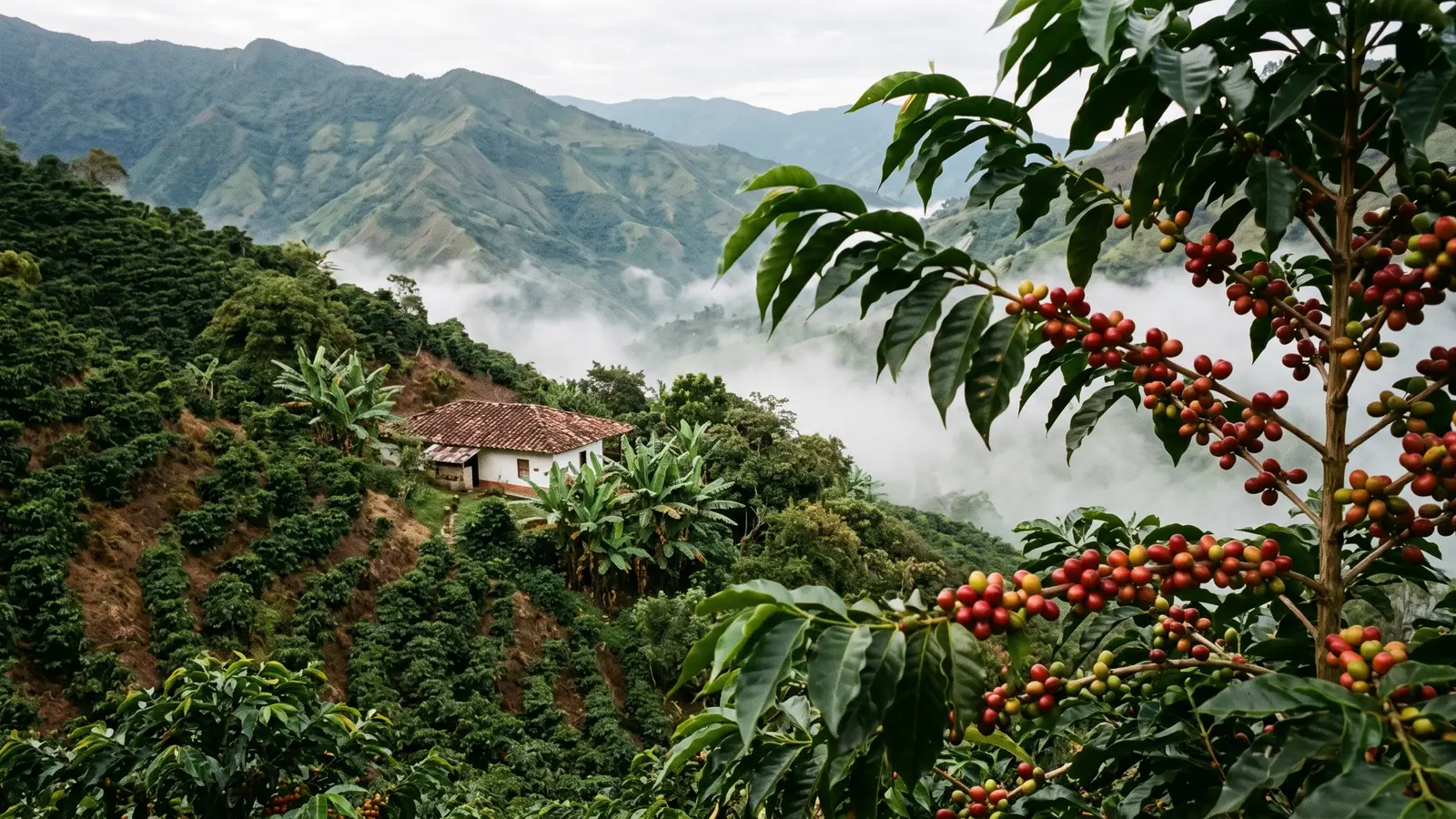 Coffee plants heavy with ripe red cherries on a steep Andean slope, with a white farmhouse among plantain trees and mist filling the valley